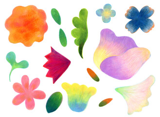 鉛筆とオイルパステルで手描きしたかわいいお花のテキスタイルイラストセット