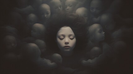 A teenager with eyes closed, surrounded by dead babies with hallucinatory ghosts. Illustration metaphor surrealism symbol of sad fate of children. Against war, violence and murder, created by AI - obrazy, fototapety, plakaty