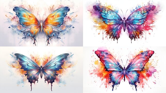 A set of butterfly illustrations in a watercolor style. generated by AI