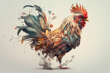 Image of a painting a rooster with colorful tropical flowers. Farm animals. illustration, Generative AI.