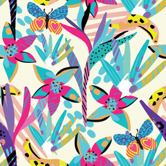 Hand drawn tropic flower and butterfly pattern. summer background. for textile, fashion wear, wrapping paper. Abstract decorative flat vector illustration