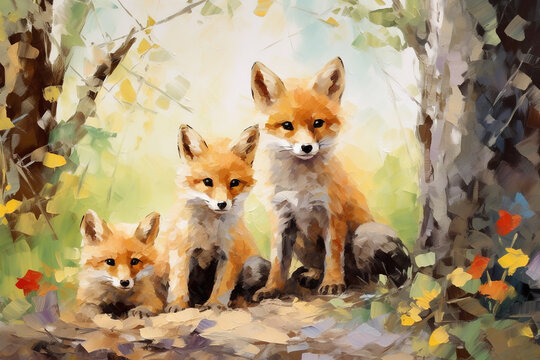 Beautiful painting of a family of foxs resting under the trees in the forest. Wildlife Animals. Illustration, Generative AI.