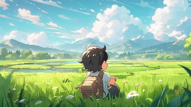 A boy sits in the green meadow and look around, in the style of anime art, lush scenery, loop animation