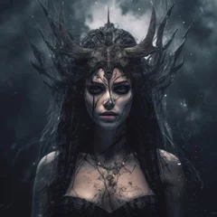 Fotobehang A woman in a black dress with horns on her head. Generative AI image. © starush