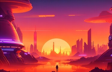 Background Covered With Sunset On Future City, 2D Front view, Game Backdrop And Background