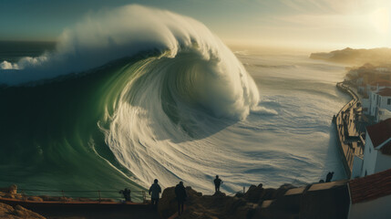 Giant Tsunami wave arriving on the shore of a city - obrazy, fototapety, plakaty