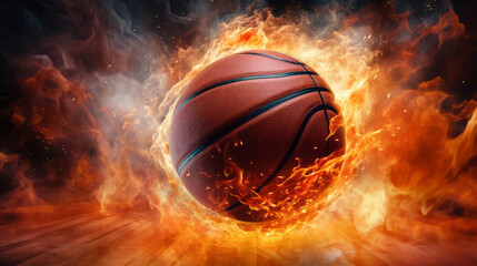 Close-up of a basketball in fire surrounded by flames