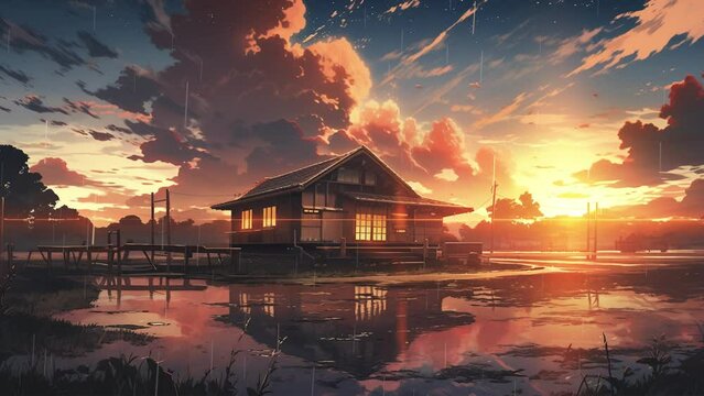The house is in a lake with rainwater, in the style of anime, loop animation