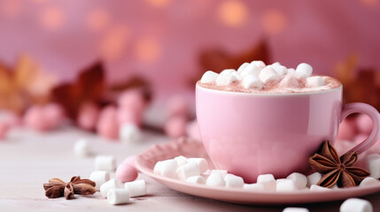 Obraz na płótnie Canvas Cup of hot cocoa garnished with a cinnamon stick and marshmallow with bright pink color palette