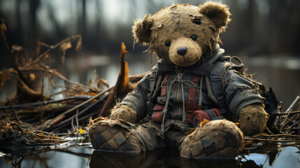 Teddy bear in a ditch dirty and damaged child stuffed toy