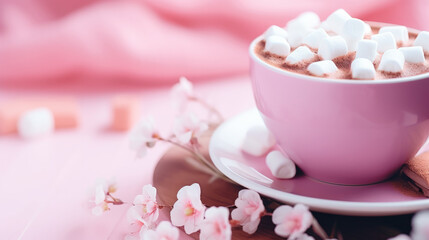 Cup of hot cocoa garnished with a cinnamon stick and marshmallow with bright pink color palette