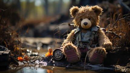 Teddy bear in a ditch dirty and damaged child stuffed toy - obrazy, fototapety, plakaty