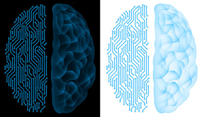 half circuit artificial intelligence brain and half human brain holographic blue neon glow brain top view transparent background