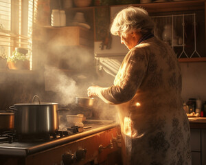 Old women cooking in kitchen, morning sun beam light, Generative AI.