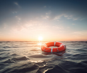 Lifebuoy floating at sea, Generative AI Illustration © IBEX.Media
