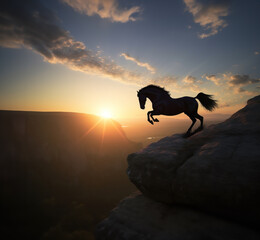 Obraz na płótnie Canvas Victory concept, Silhouette of horse rearing up on cliff edge at sunset, Generative AI Illustration