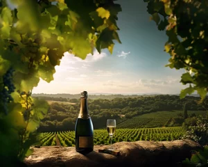 Papier Peint photo Vignoble champagne bottle with glass in  vineyard, Generative AI Illustration