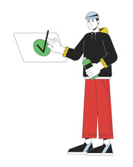 Millenial near self-check terminal flat line color vector character. Editable outline full body man with bottle on white. Everyday activity simple cartoon spot illustration for web graphic design