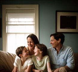 Fototapeta premium Young family portrait at home on sofa, Generative AI Illustration