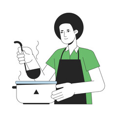 Man cooking flat line color vector character. Editable outline half body young person holding ladle on white. Everyday activity simple cartoon spot illustration for web graphic design