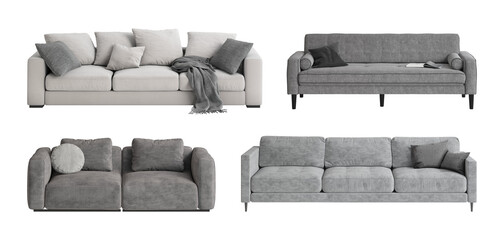 Set of four different gray sofas. Front view. Three-seater sofa with dark gray plaid, cozy couch with rollers and journal, modern sofa with round cushion, gray couch with dark gray pillows. 3d render