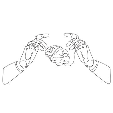 Continuous one line drawing Cyberbrain concept. Line art illustration of hands with a brain. 