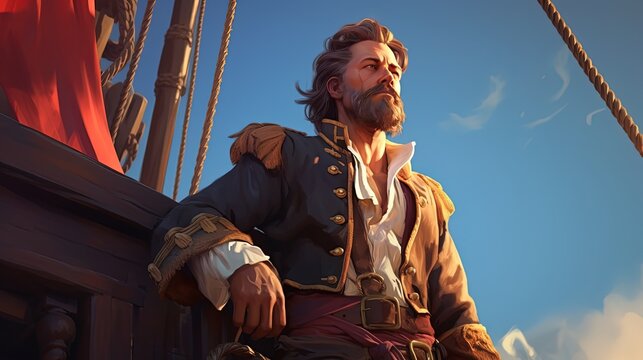 cartoon illustration of brave male pirate captain with blue sky background, generative Ai