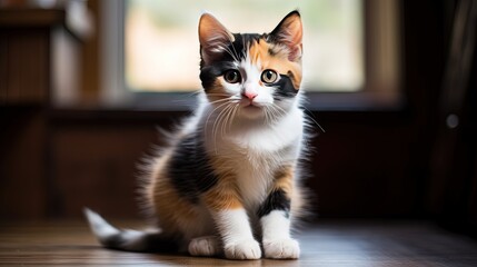 soft focus calico tri color kitten sitting in living room, Generative Ai