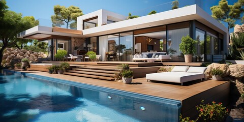 AI Generated. AI Generative. Modern design architecture house villa hotel mansion with swimming pool. Outdoor luxury vibe vacation. Graphic Art