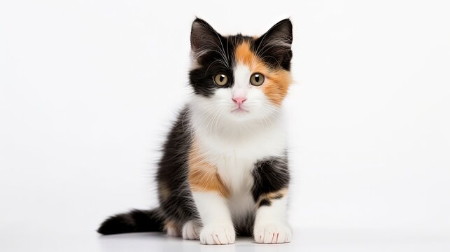 cute calico tri color kitten sitting  isolated on white background , Generative Ai