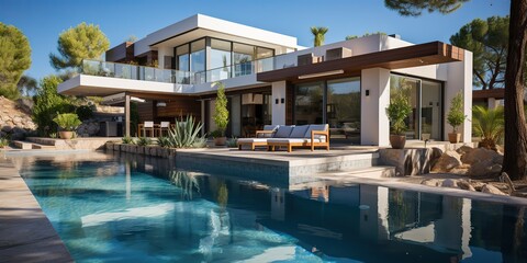 Fototapeta premium AI Generated. AI Generative. Modern design architecture house villa hotel mansion with swimming pool. Outdoor luxury vibe vacation. Graphic Art