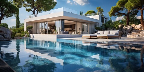 Fototapeta premium AI Generated. AI Generative. Modern design architecture house villa hotel mansion with swimming pool. Outdoor luxury vibe vacation. Graphic Art