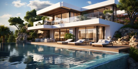 Fototapeta premium AI Generated. AI Generative. Modern design architecture house villa hotel mansion with swimming pool. Outdoor luxury vibe vacation. Graphic Art