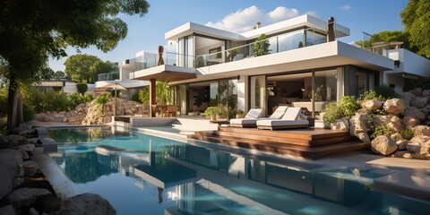 Fototapeta premium AI Generated. AI Generative. Modern design architecture house villa hotel mansion with swimming pool. Outdoor luxury vibe vacation. Graphic Art