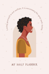 Daily planner cover. Schedule, goals, notes. Young beautiful African American woman profile portrait.. Vector illustration.