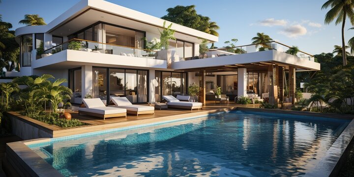 AI Generated. AI Generative. Modern design architecture house villa hotel mansion with swimming pool. Outdoor luxury vibe vacation. Graphic Art