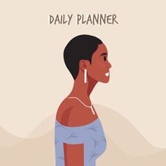 Daily planner cover. Schedule, goals, notes. Young beautiful African American woman profile portrait.. Vector illustration.