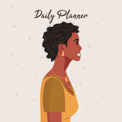 Daily planner cover. Schedule, goals, notes. Young beautiful African American woman profile portrait.. Vector illustration.