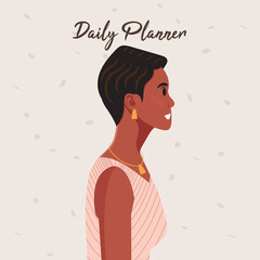 Daily planner cover. Schedule, goals, notes. Young beautiful African American woman profile portrait.. Vector illustration.