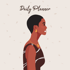 Daily planner cover. Schedule, goals, notes. Young beautiful African American woman profile portrait.. Vector illustration.