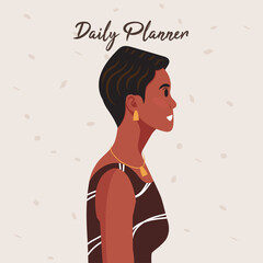 Daily planner cover. Schedule, goals, notes. Young beautiful African American woman profile portrait.. Vector illustration.