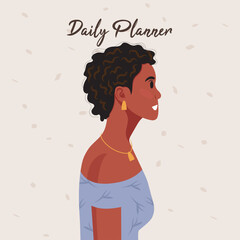 Daily planner cover. Schedule, goals, notes. Young beautiful African American woman profile portrait.. Vector illustration.