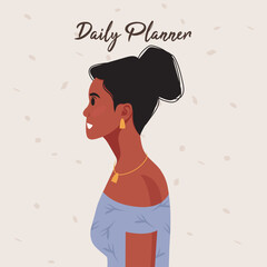 Daily planner cover. Schedule, goals, notes. Young beautiful African American woman profile portrait.. Vector illustration.
