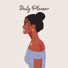 Daily planner cover. Schedule, goals, notes. Young beautiful African American woman profile portrait.. Vector illustration.