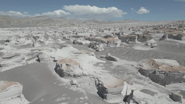 Drone footage of Campo de Piedra Pomez - a bizarre but beautiful landscape in the Argentinian highlands with a huge field of pumice, volcanic rocks and dunes of sand in the Puna - raw version