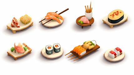 Sushi set isolated on white background. 3d isometric vector illustration.