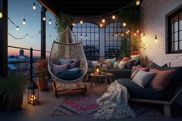 a modern of a comfortable rooftop patio area with a lounging area, a hanging chair, and string lights at sunset, generative AI