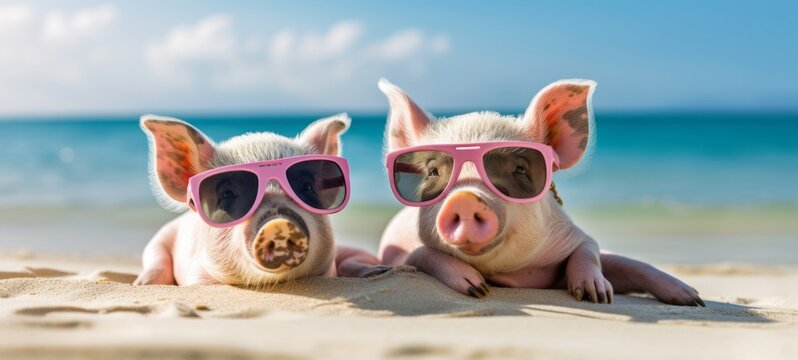 Funny animal pet summer holiday vacation photography banner background - Closeup of pigs with sunglasses, chilling relaxing at the tropical ocean beach (Generative Ai)