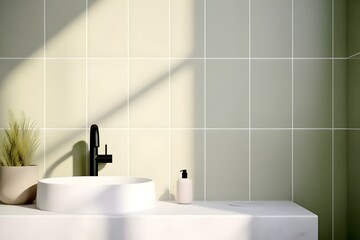 Fototapeta premium interior design of bathroom, empty white vanity counter with ceramic washbasin and faucet