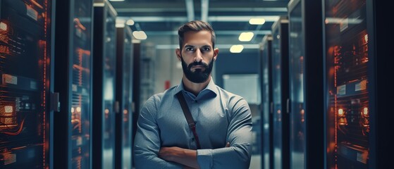 IT Engineer in big database server center office, High Speed Data Transfer, Server Transfer, Technology Science Breakethrough, Progress, Innovation Concept, AI generative.